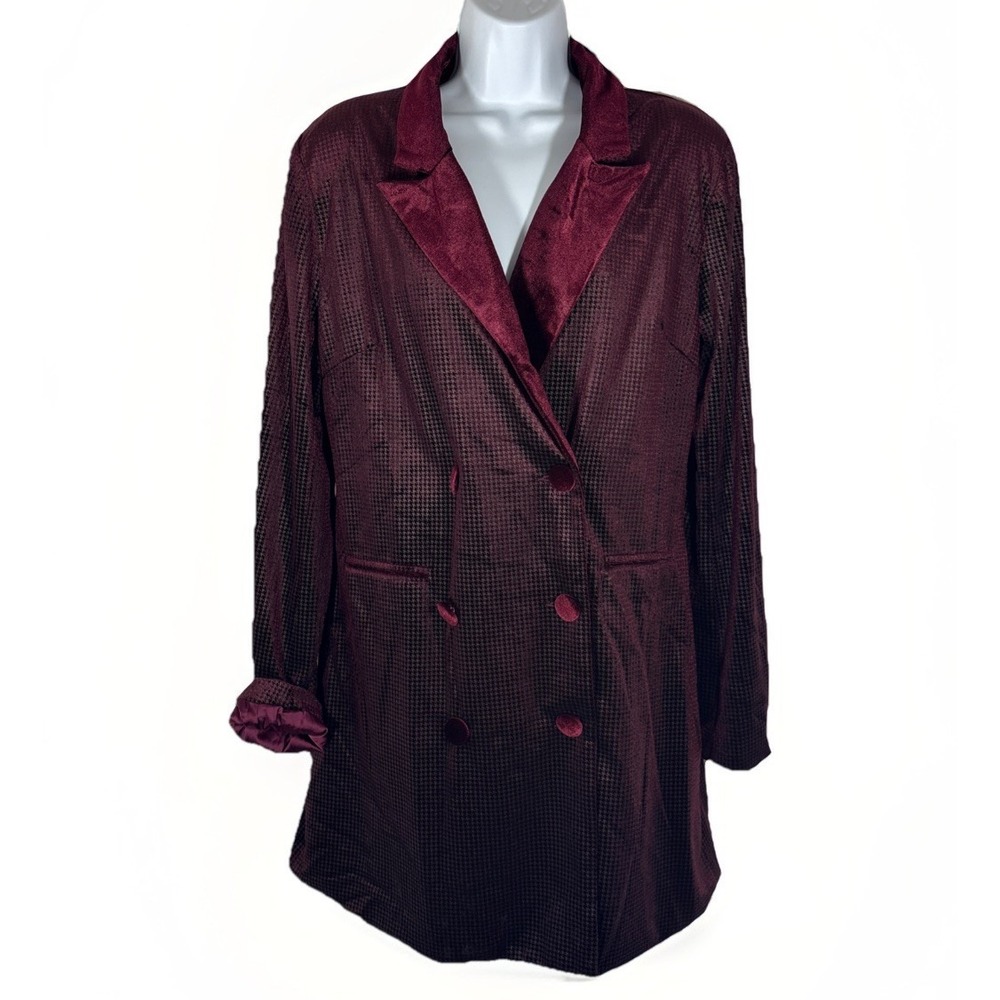 Evenuel Burgundy Velvet Houndstooth Long‎ Blazer Jacket Women's L Satin Lined